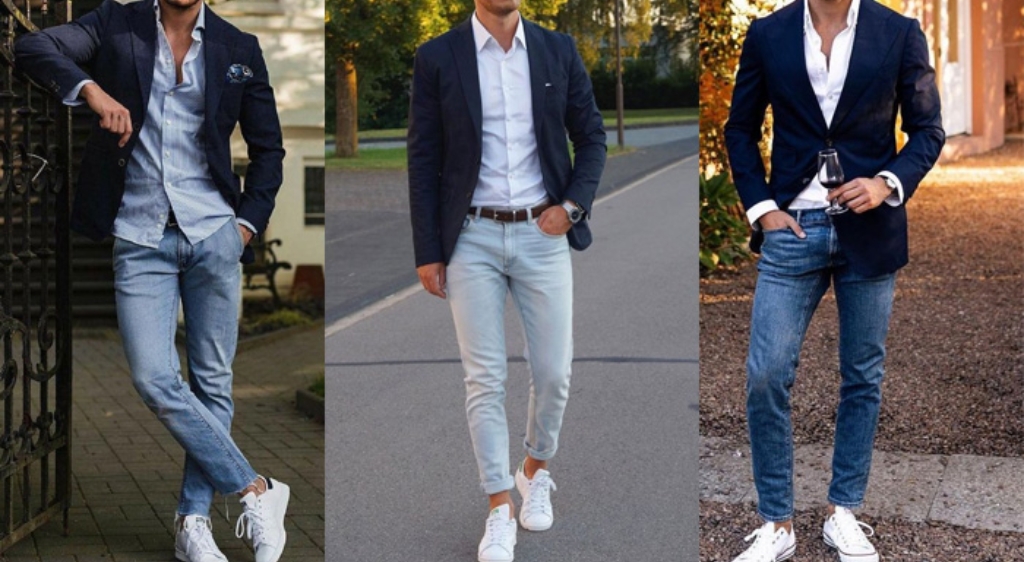 Phối áo vest, quần jean cùng giày thể thao